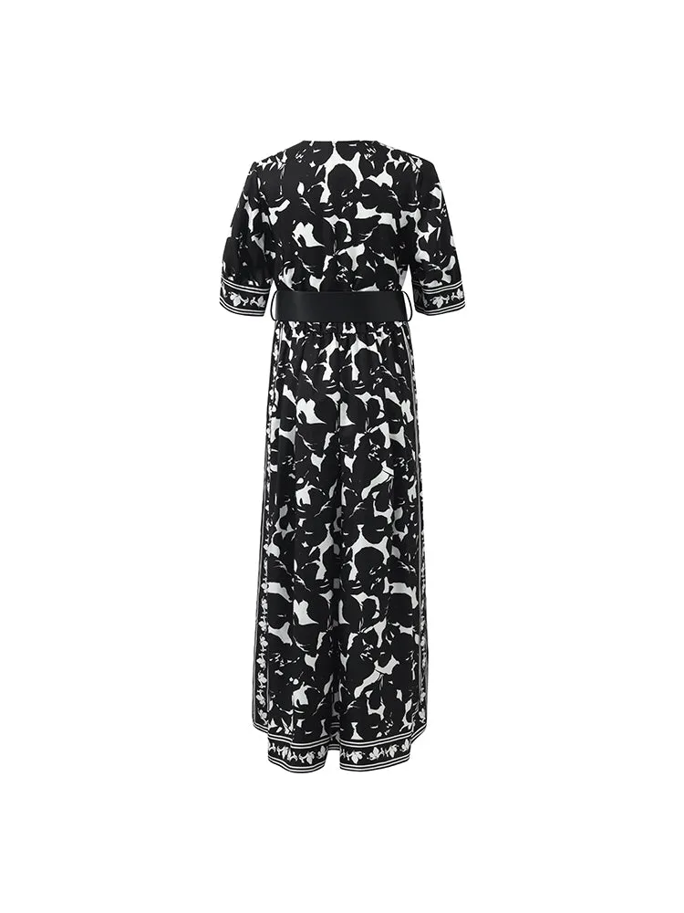 14 Momme Mulberry Silk Iris Printed Women Maxi Dress With Belt