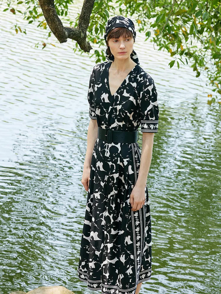 14 Momme Mulberry Silk Iris Printed Women Maxi Dress With Belt