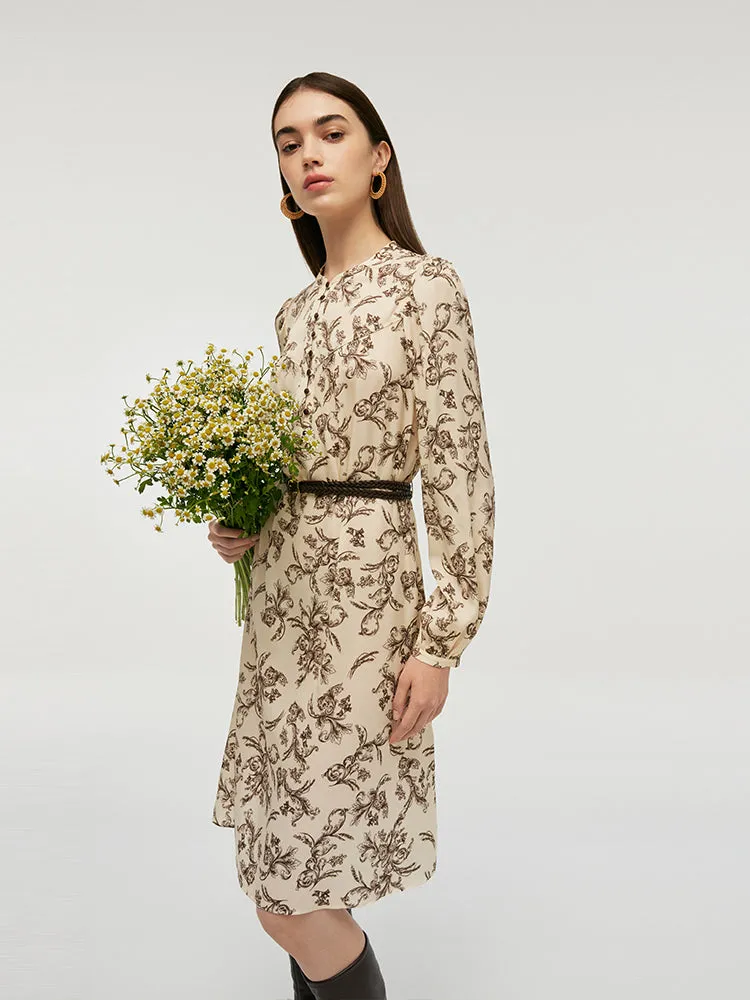 19 Momme Mulberry Silk Round Neck Printed Women Midi Dress With Belt