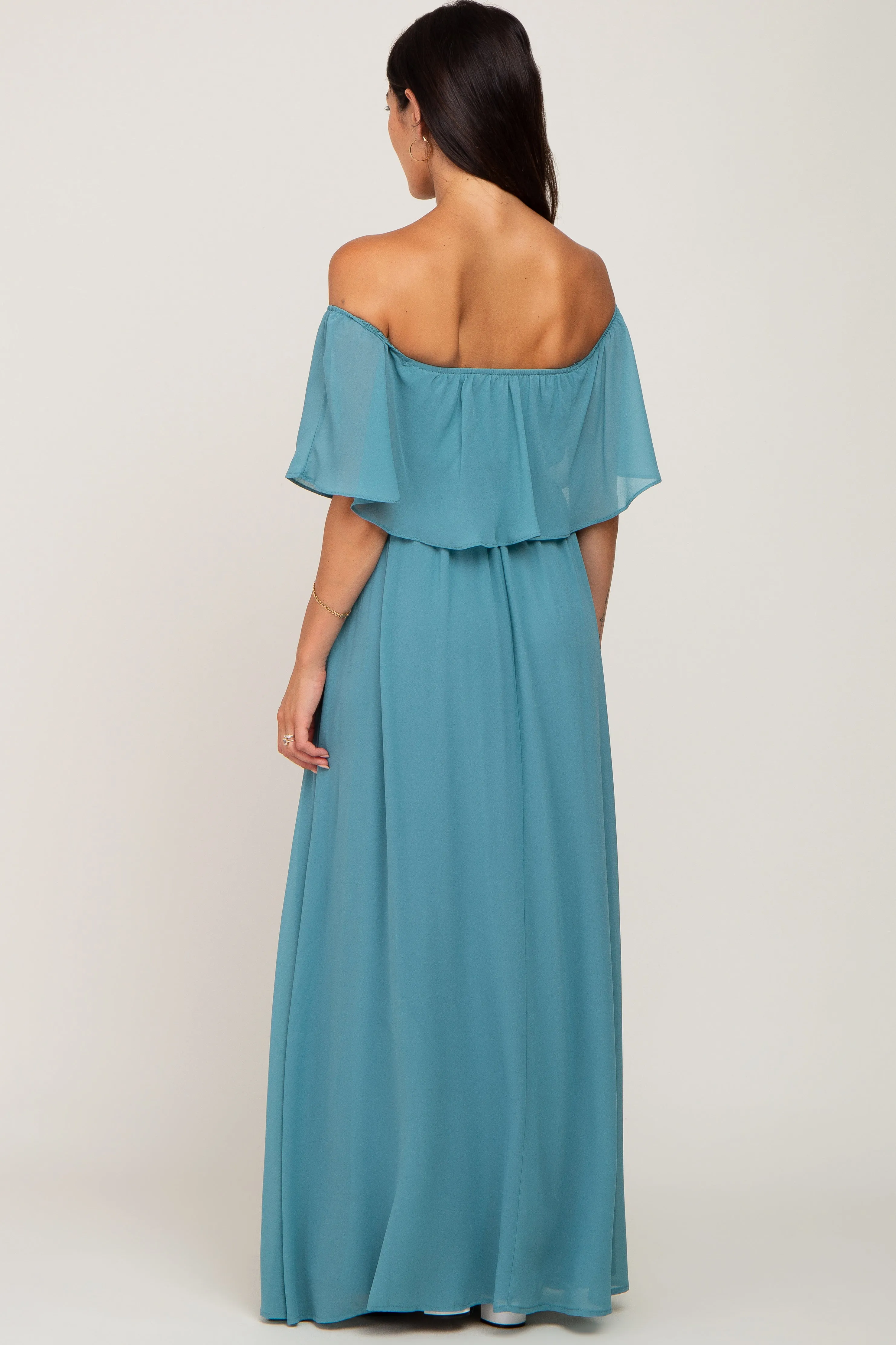 Aqua Chiffon Off Shoulder Maxi Dress