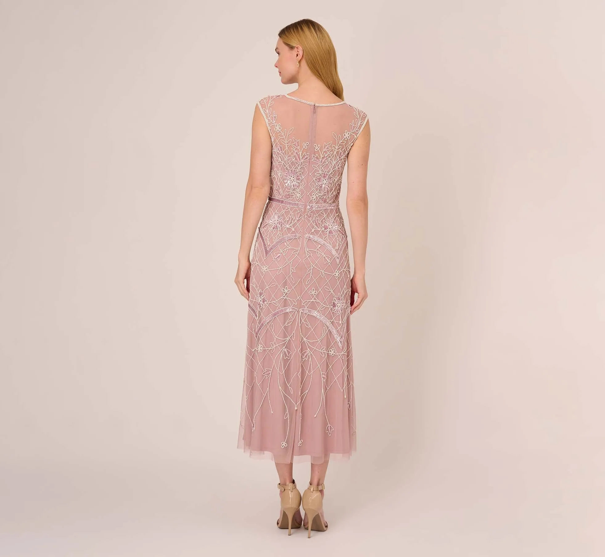 Beaded Ankle-Length Dress With Sheer Neckline In Dusted Petal Ivory