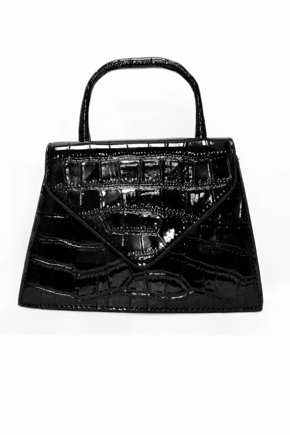 Black Croc Patent Bag With Thick Strap