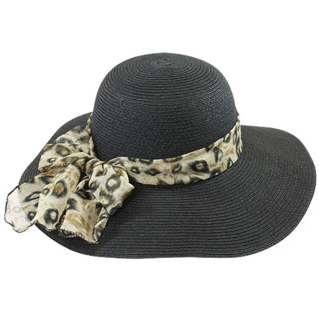 California Hat Company - Black Sun Hat with Leopard Trim