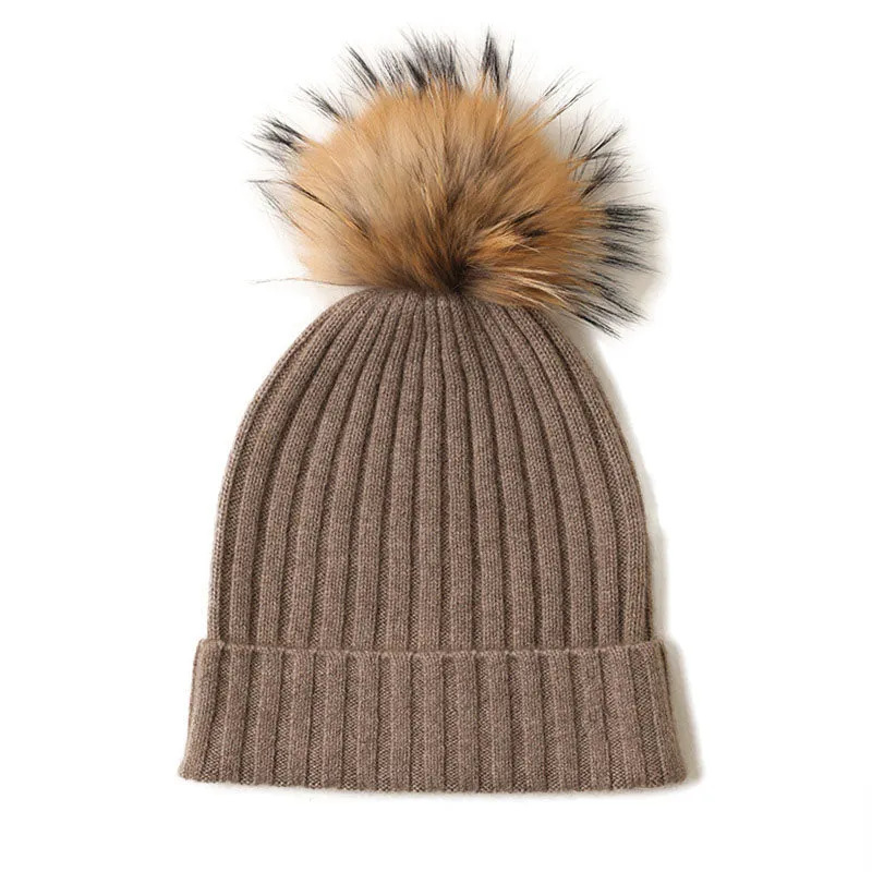 Cashmere Ribbed Beanie with Eco PomPom Mont Blanc Camel