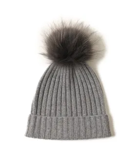 Cashmere Ribbed Beanie with Eco PomPom Mont Blanc Grey