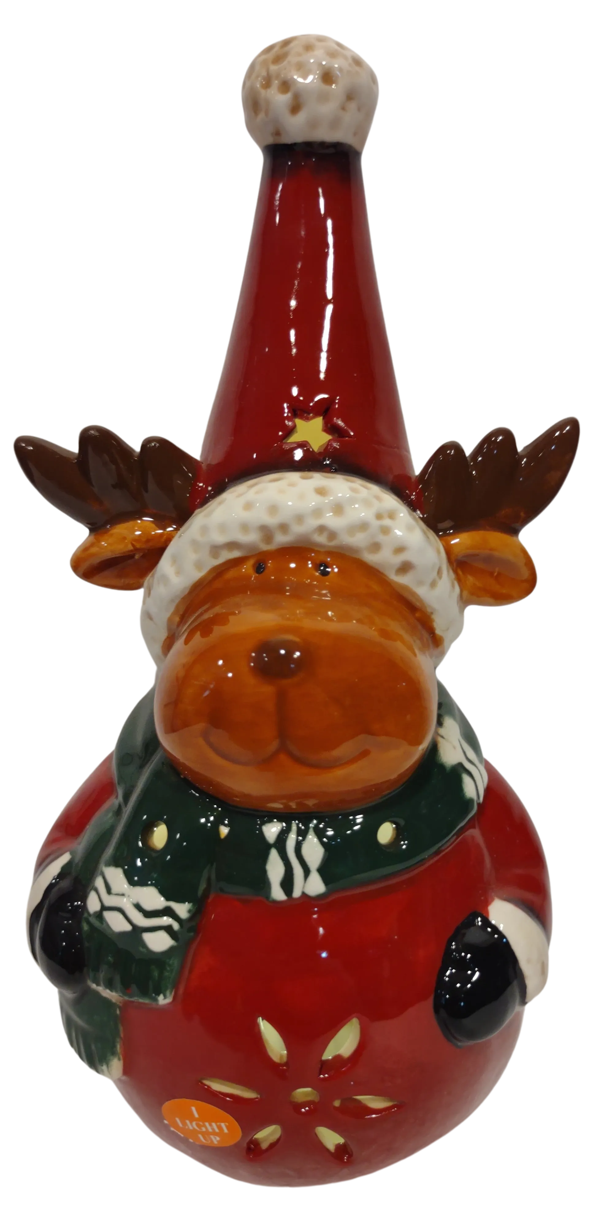 Ceramic Reindeer Figurine with Tall Red Hat & Green Scarf Lights Up 9"