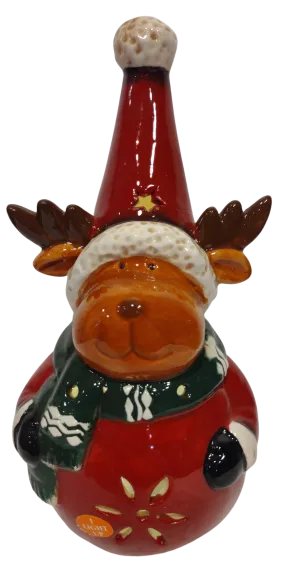 Ceramic Reindeer Figurine with Tall Red Hat & Green Scarf Lights Up 9"