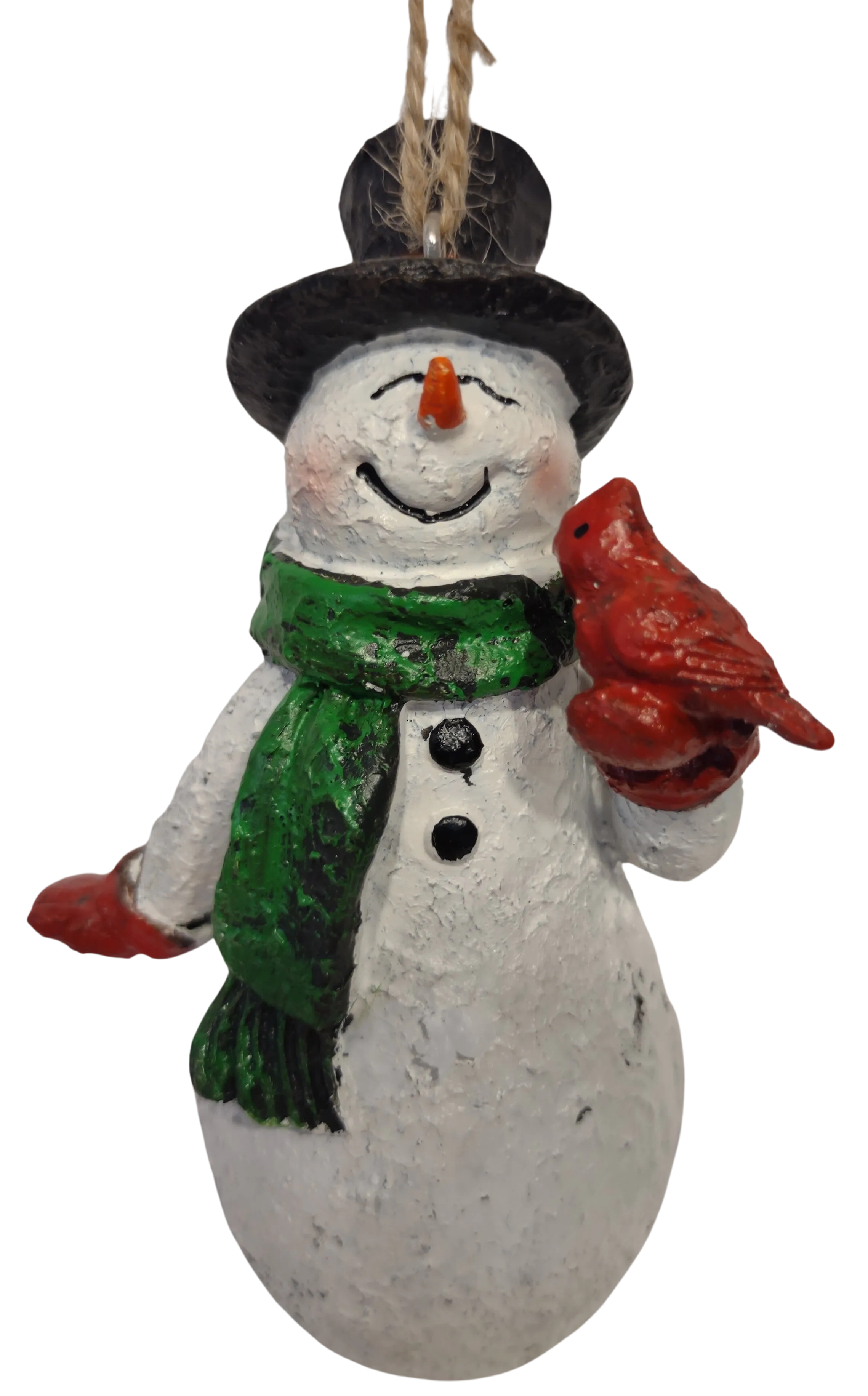 Cheery Snowman Ornament with Black Hat/Green Scarf Holding Red Cardinal 5" Resin