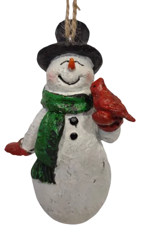 Cheery Snowman Ornament with Black Hat/Green Scarf Holding Red Cardinal 5" Resin