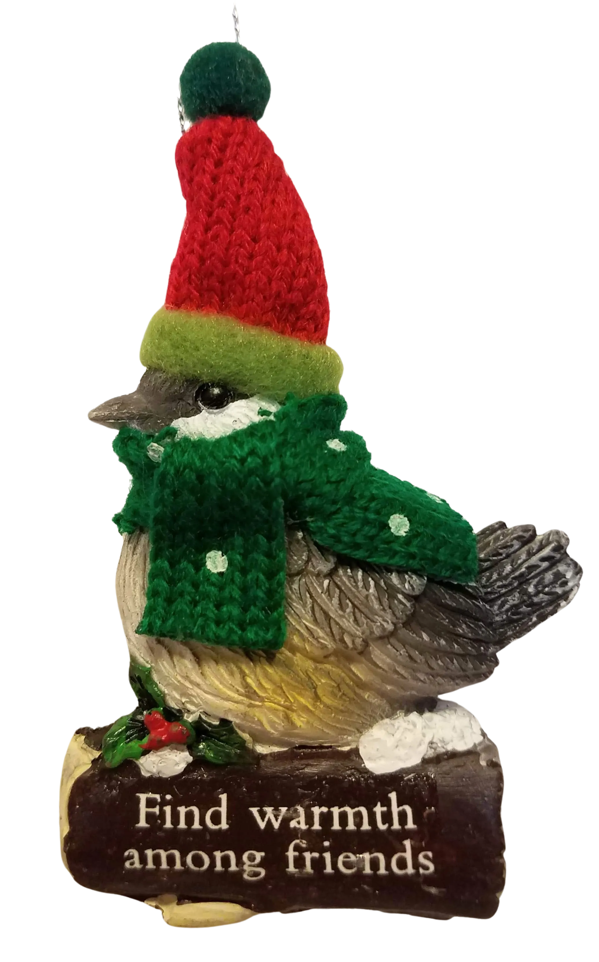 Cozy Bird with Green Scarf and Santa Hat Ornament 3"- Find Warmth Among Friends