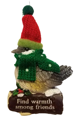 Cozy Bird with Green Scarf and Santa Hat Ornament 3"- Find Warmth Among Friends