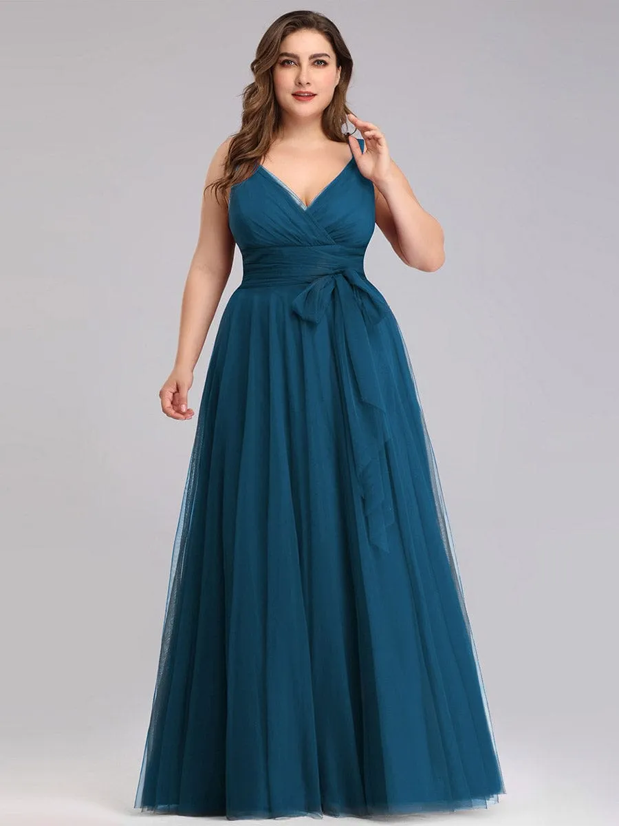 Custom Size Floor Length Double V Neck Tulle Bridesmaid Dresses