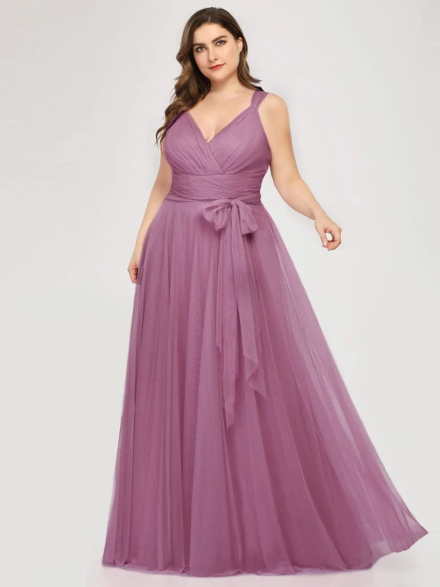 Custom Size Floor Length Double V Neck Tulle Bridesmaid Dresses