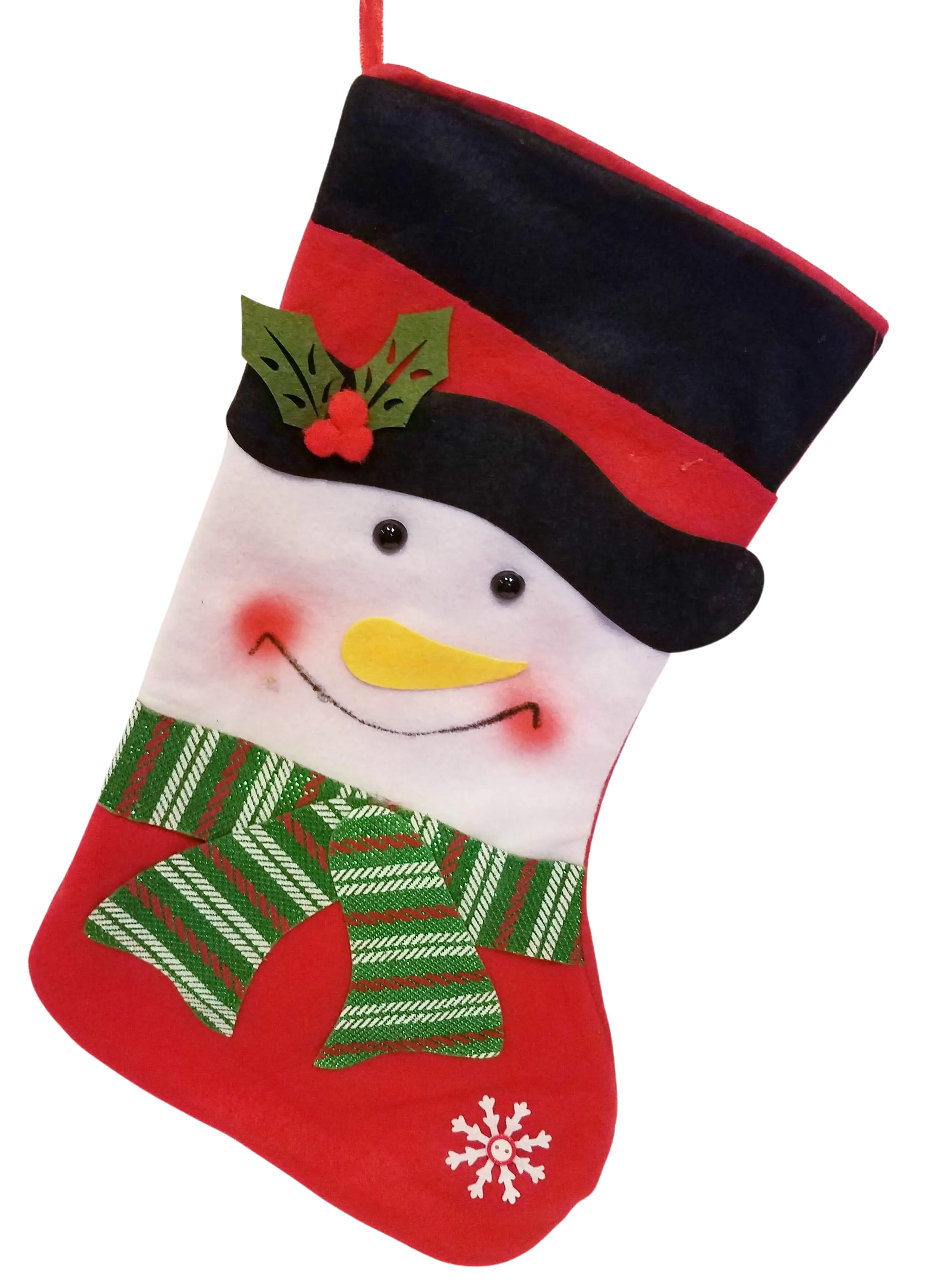 Felt Snowman Stocking with Black Hat/Green & Red Scarf 15"