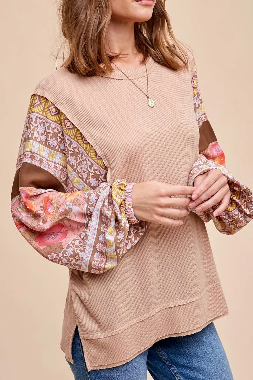 Floral Print Color Block Balloon Sleeve Top- Taupe