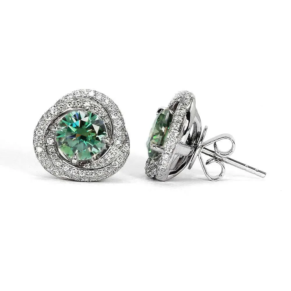 Forest Green Stud Earrings with Moissanite Triple Halo Jackets