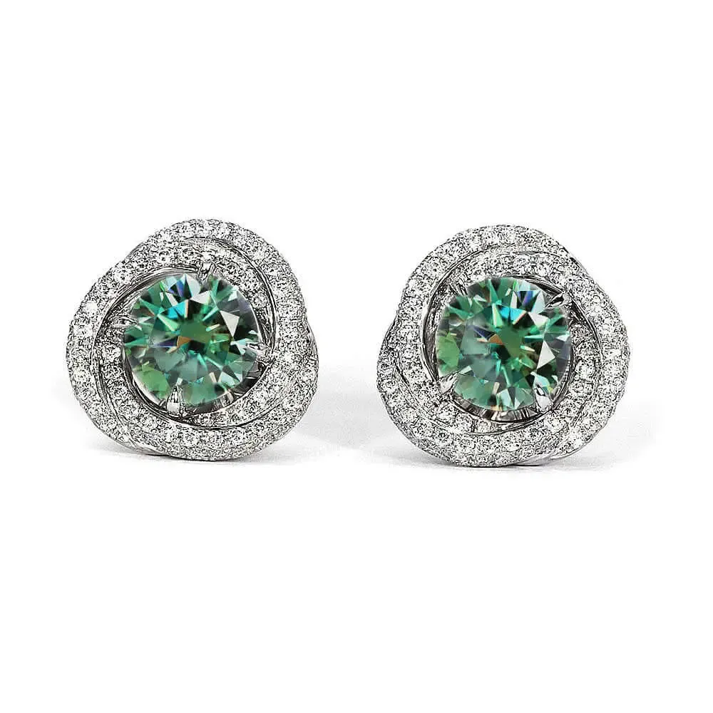 Forest Green Stud Earrings with Moissanite Triple Halo Jackets