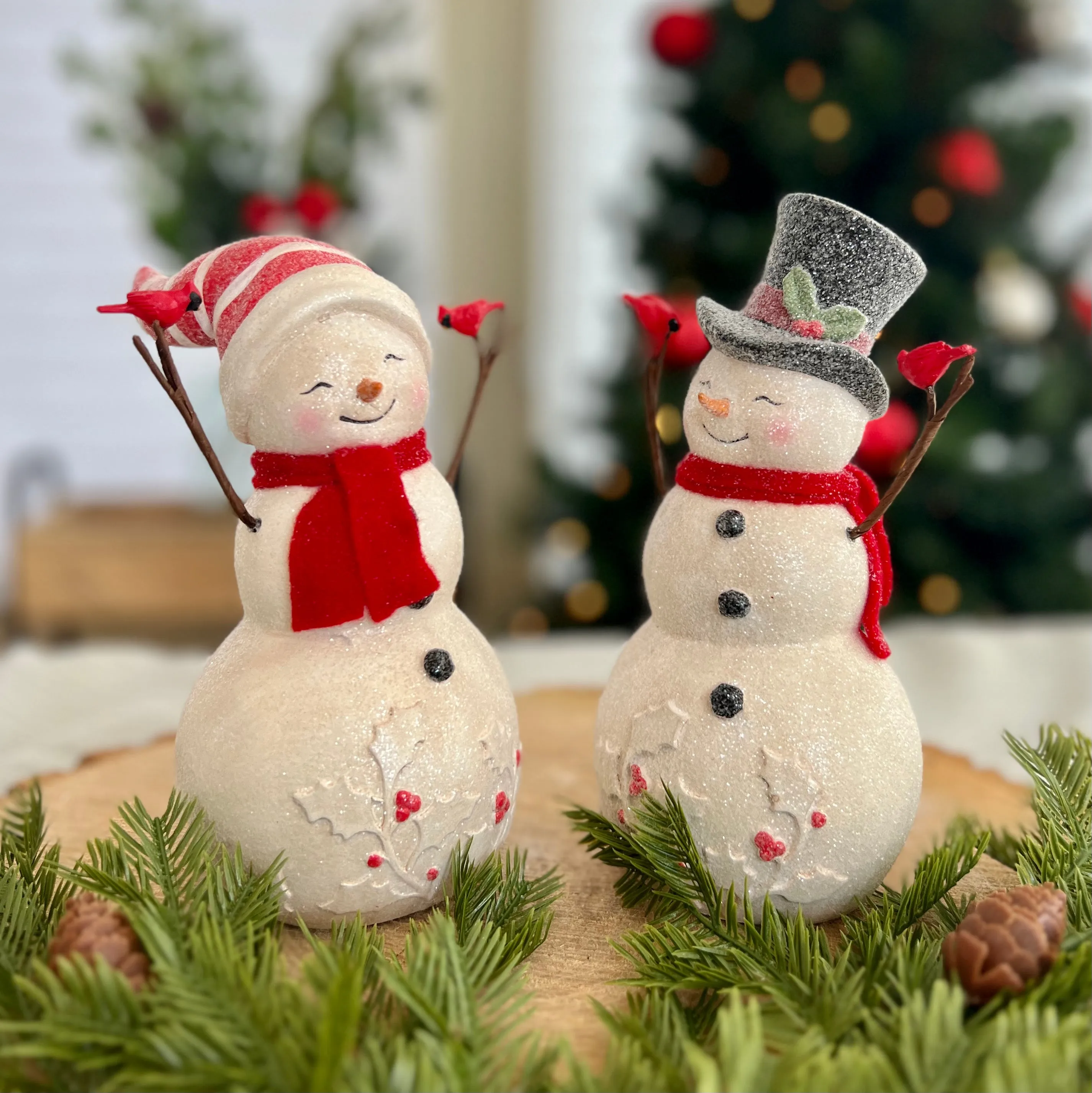 Frosty Shimmer Snow Couple Set with Cardinals for Just Jill