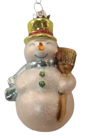 Glass snowman ornament with gold hat/blue scarf/gold broom 3.5"