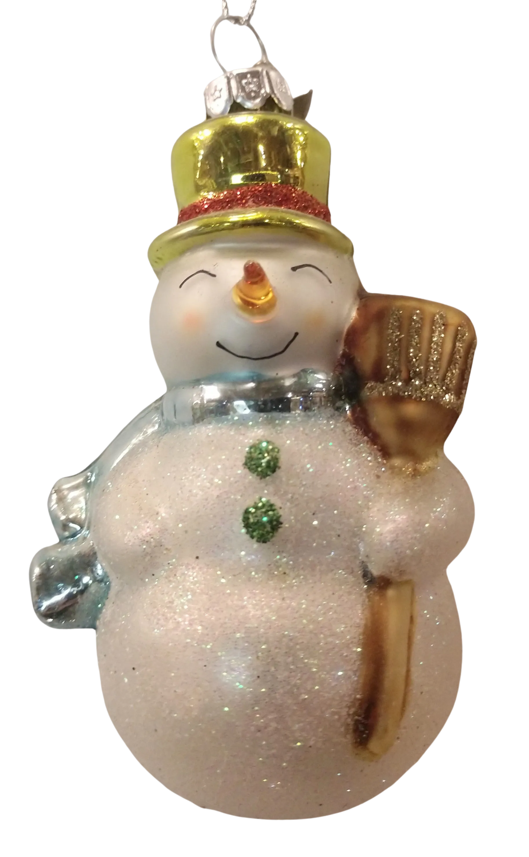 Glass snowman ornament with gold hat/blue scarf/gold broom 3.5"