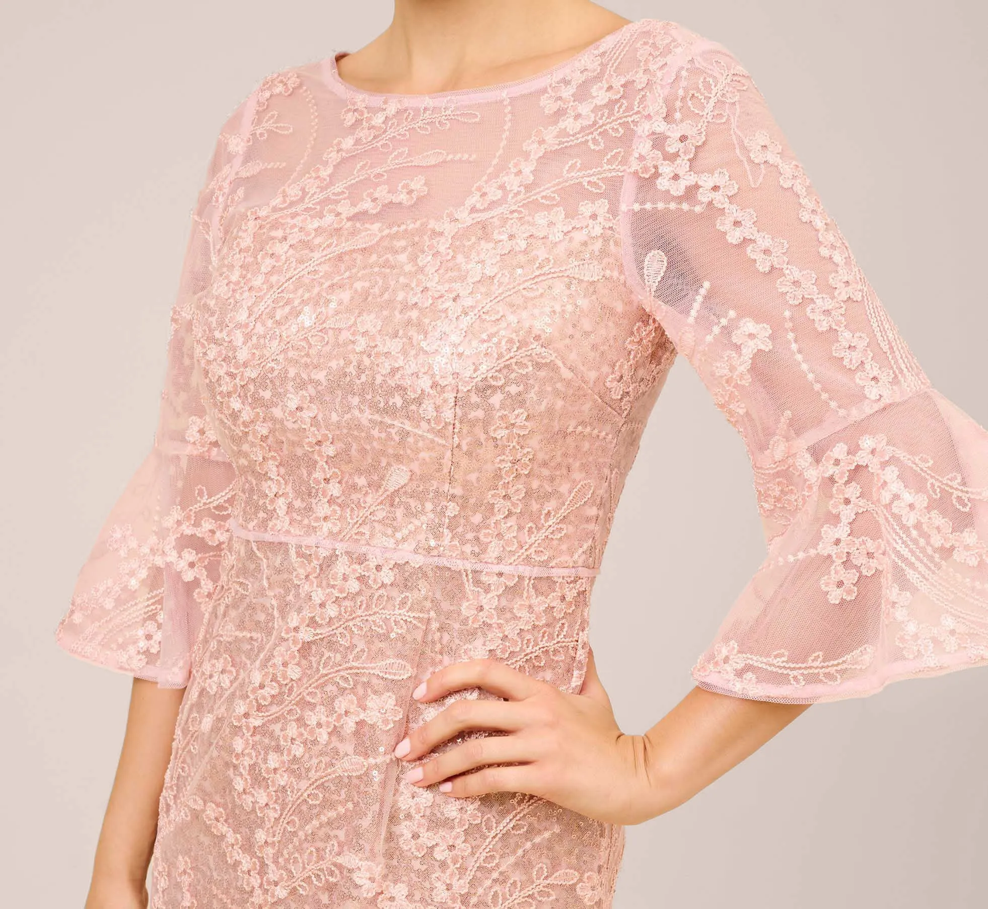 Hand-Sequined And Embroidered Illusion Long Column Gown In Blush Pearl