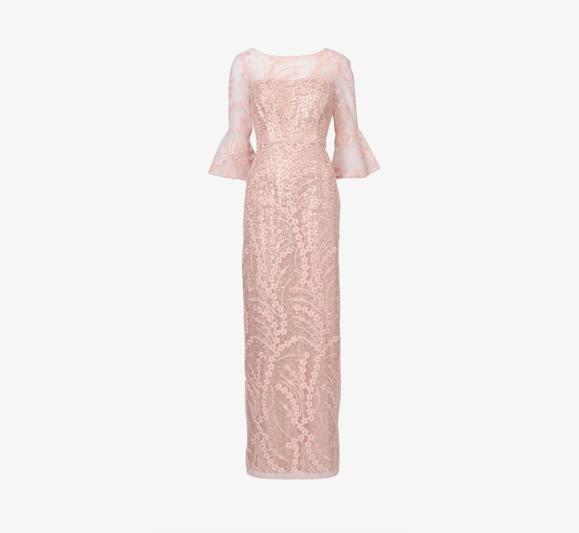 Hand-Sequined And Embroidered Illusion Long Column Gown In Blush Pearl