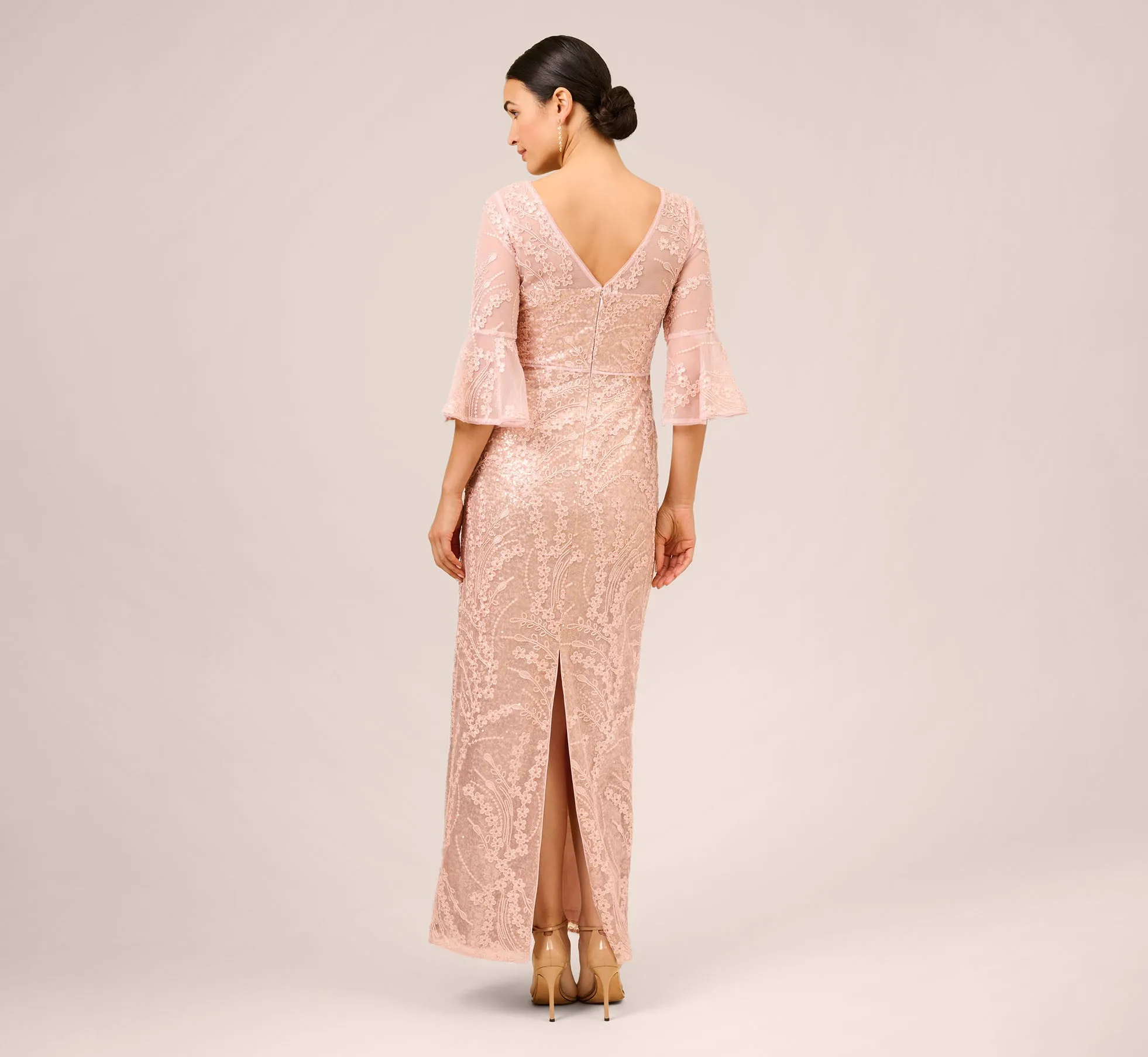 Hand-Sequined And Embroidered Illusion Long Column Gown In Blush Pearl