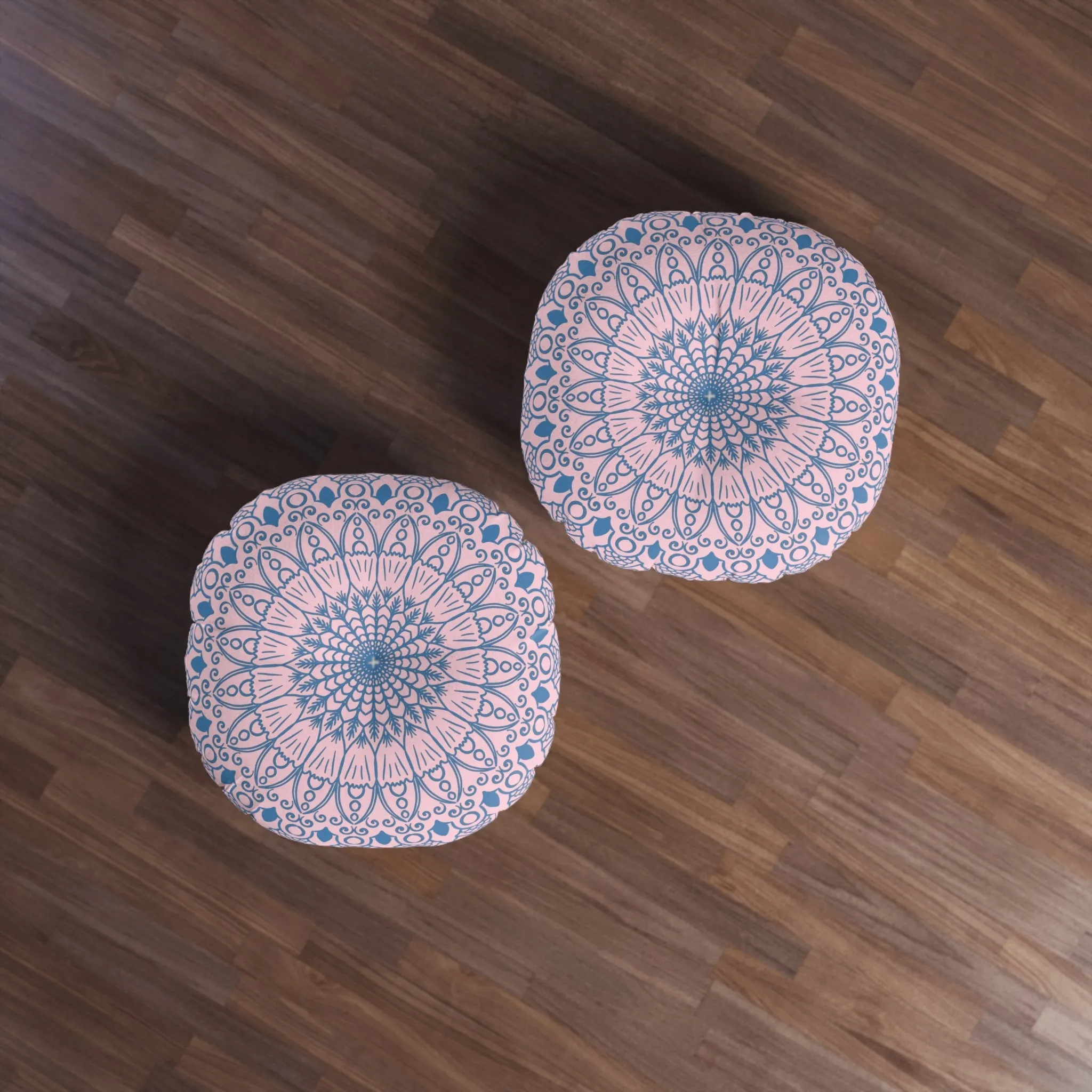 Handmade Mandala Art Floor Cushion - Steel Blue on Pastel Pink - Round