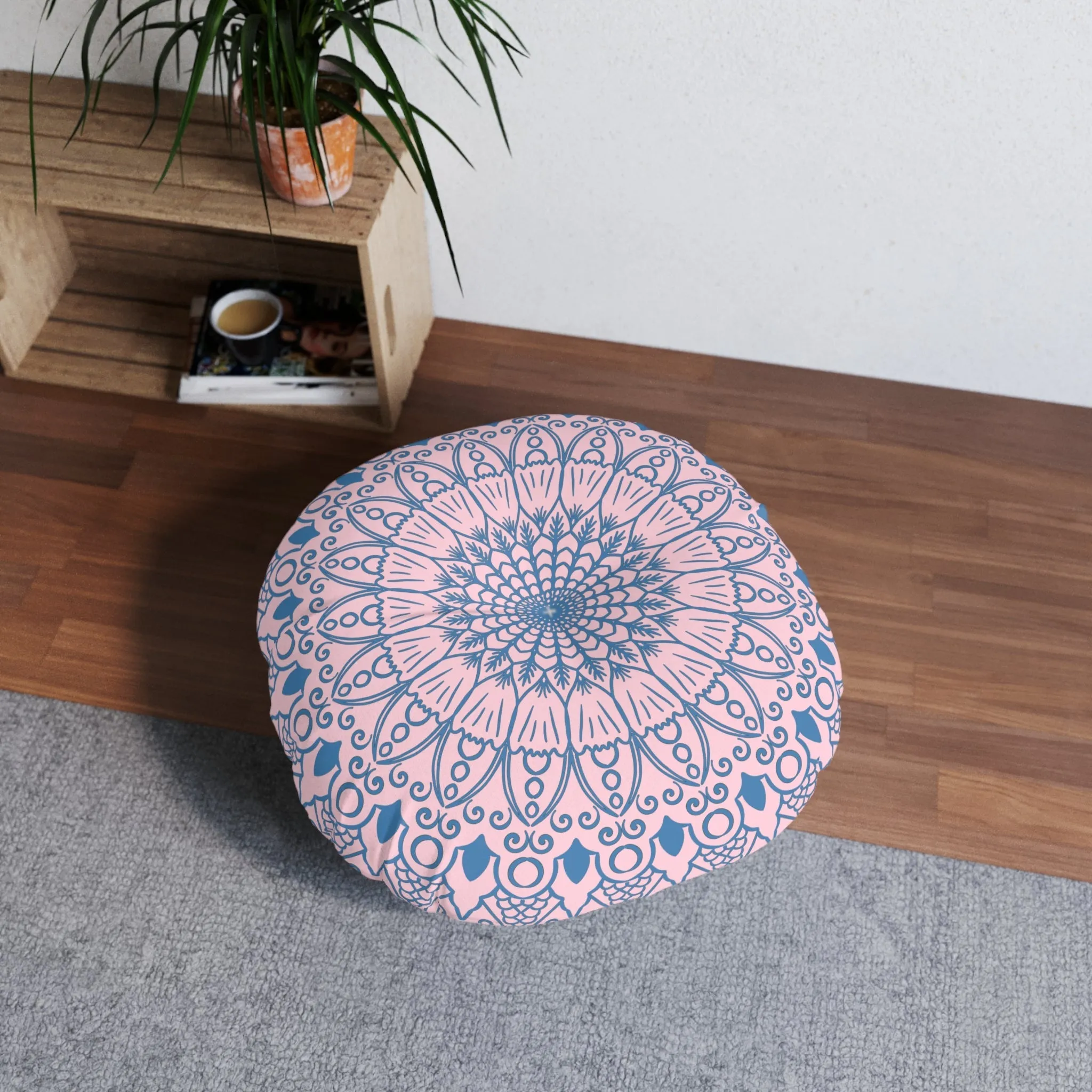 Handmade Mandala Art Floor Cushion - Steel Blue on Pastel Pink - Round