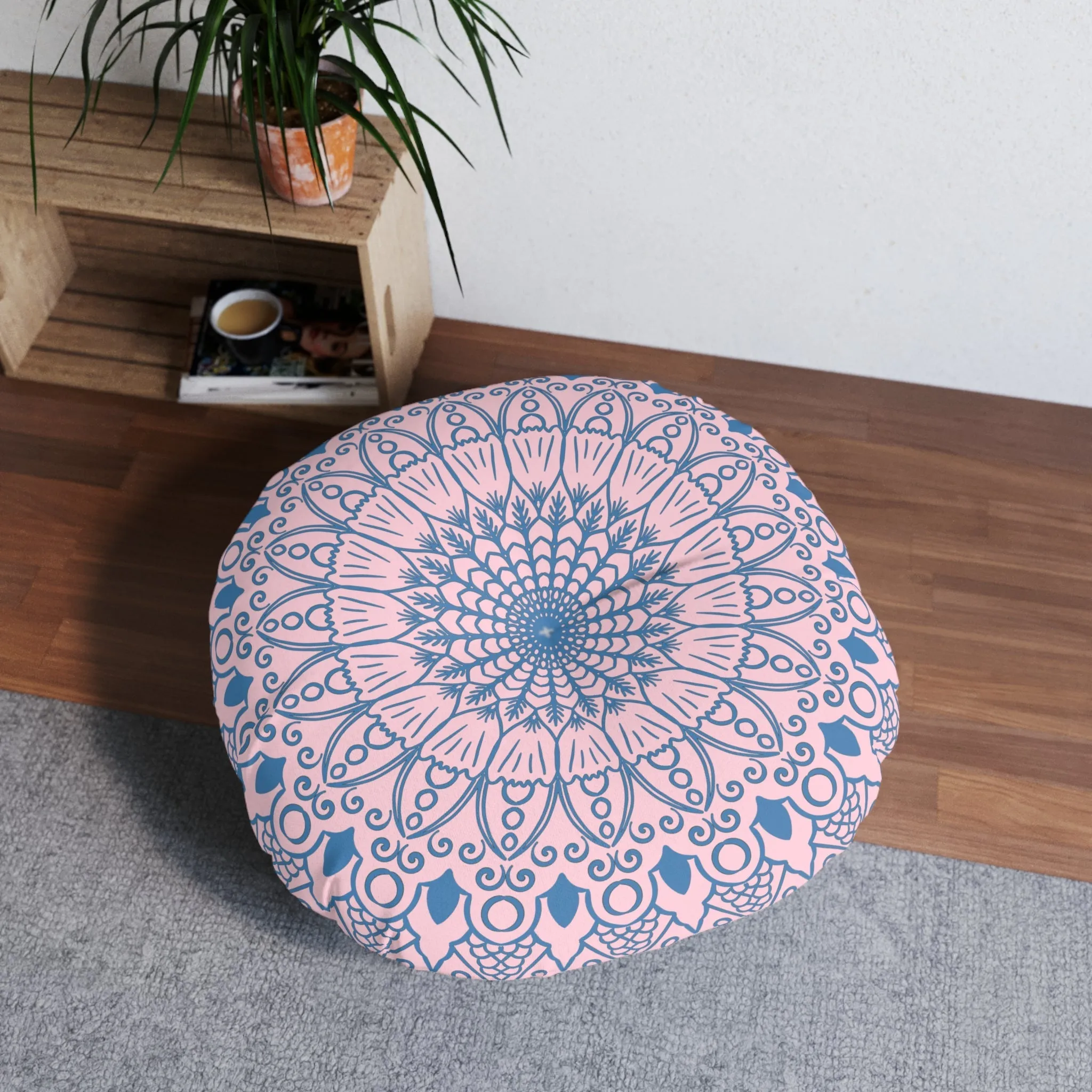 Handmade Mandala Art Floor Cushion - Steel Blue on Pastel Pink - Round