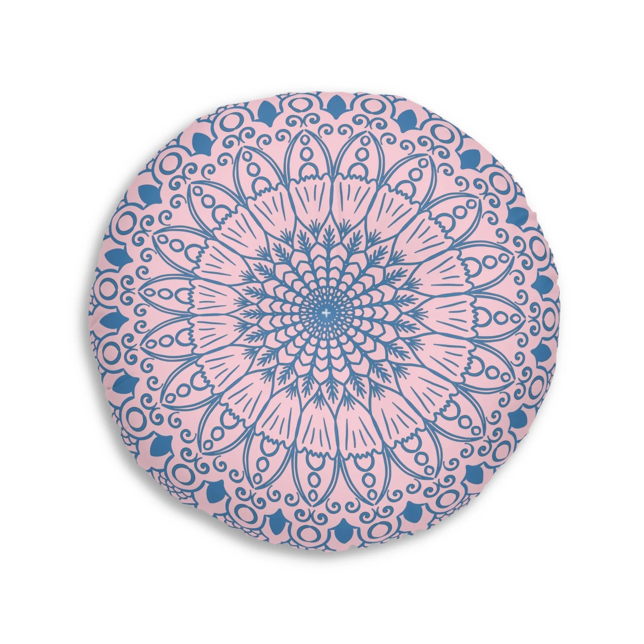 Handmade Mandala Art Floor Cushion - Steel Blue on Pastel Pink - Round