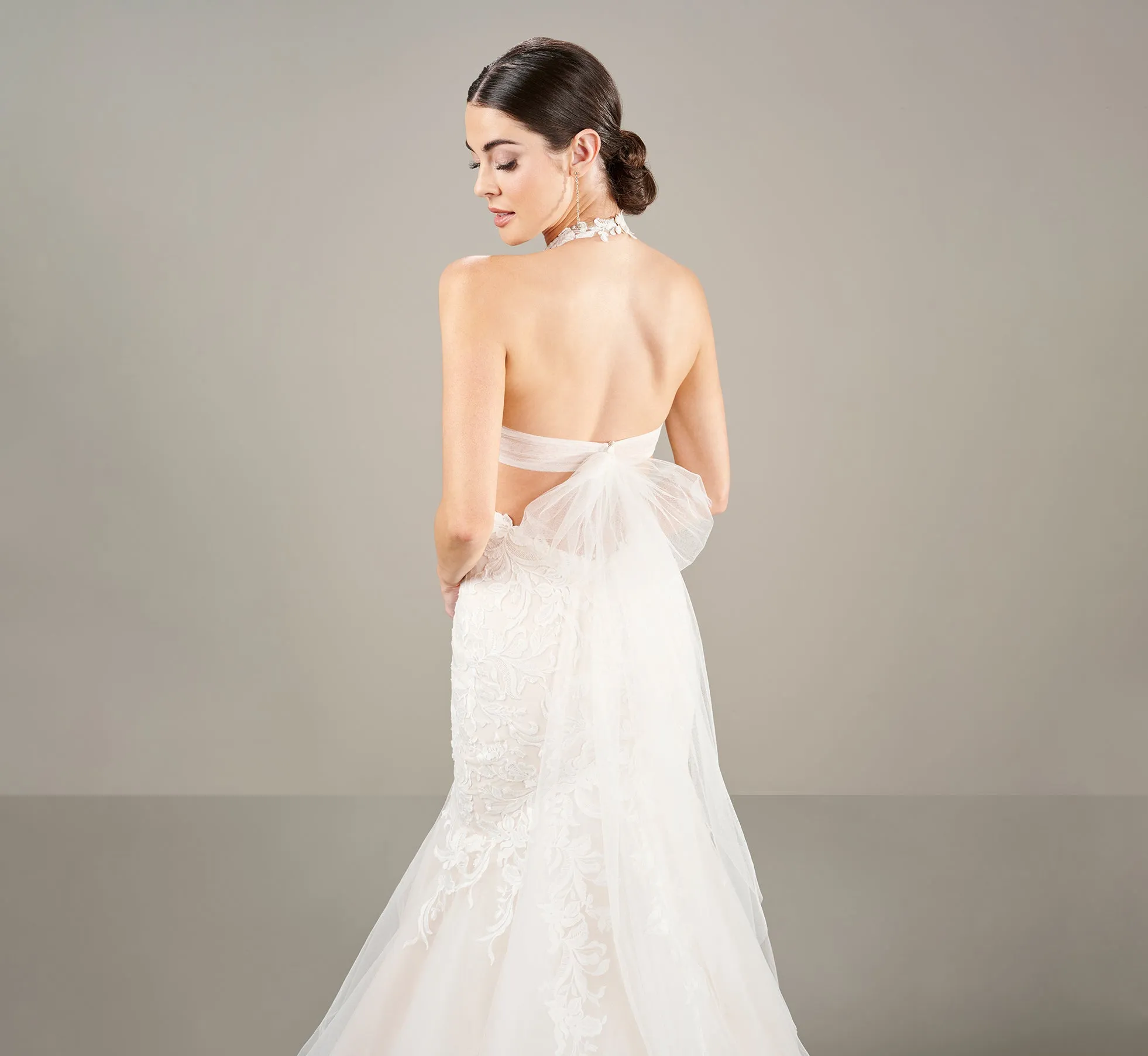 Lace Applique Halter Wedding Gown In Ivory Almond