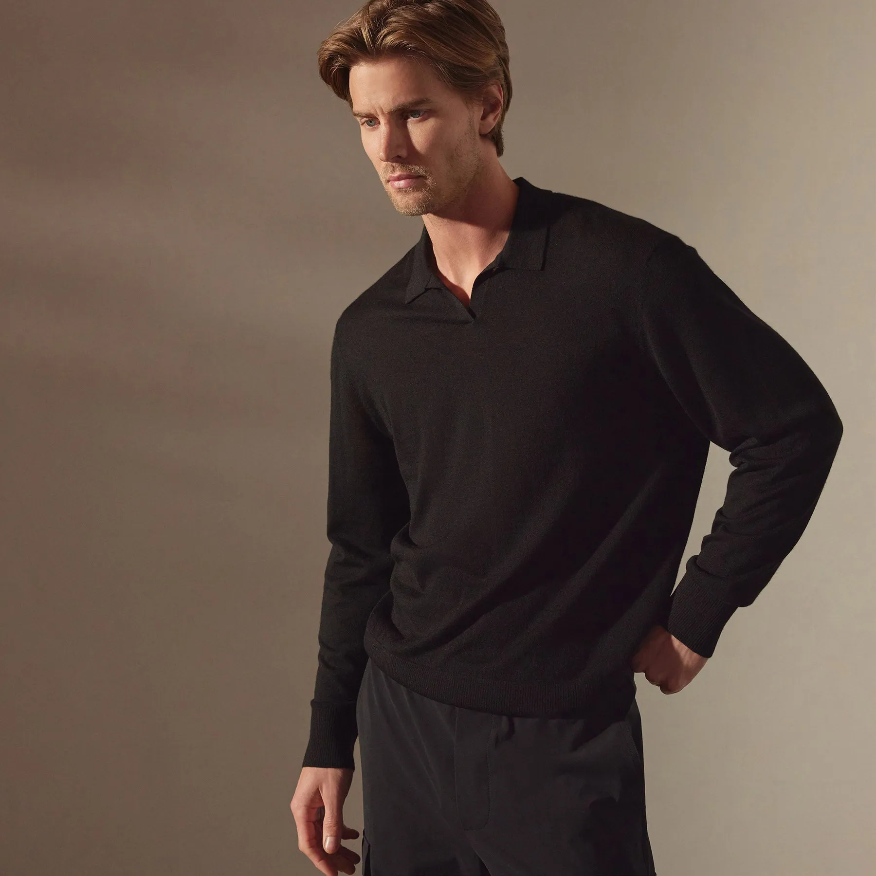 Lightweight Fine Gauge Cashmere Polo - Black