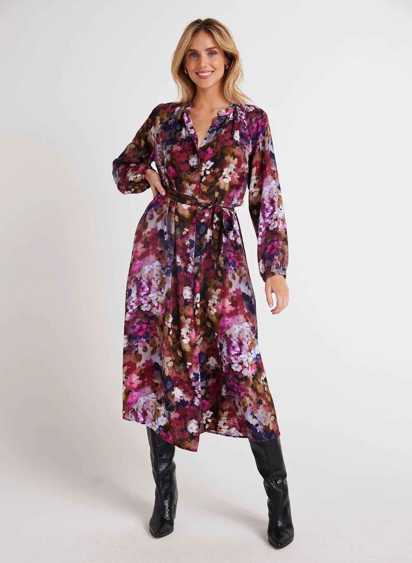 Long Sleeve Raglan Midi Dress - Twilight Fleur Print