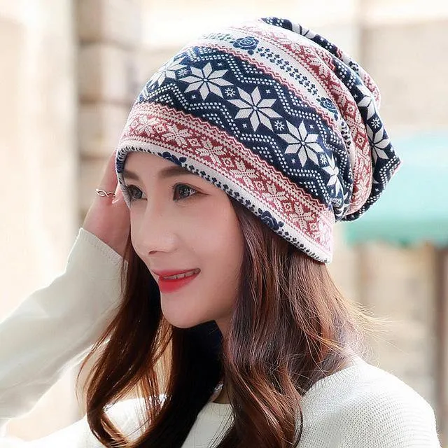 LongKeeper New Women Hat Polyester Adult Casual Snowflake Women's Hats Spring Autumn Female Cap Scarf Fashion Beanies