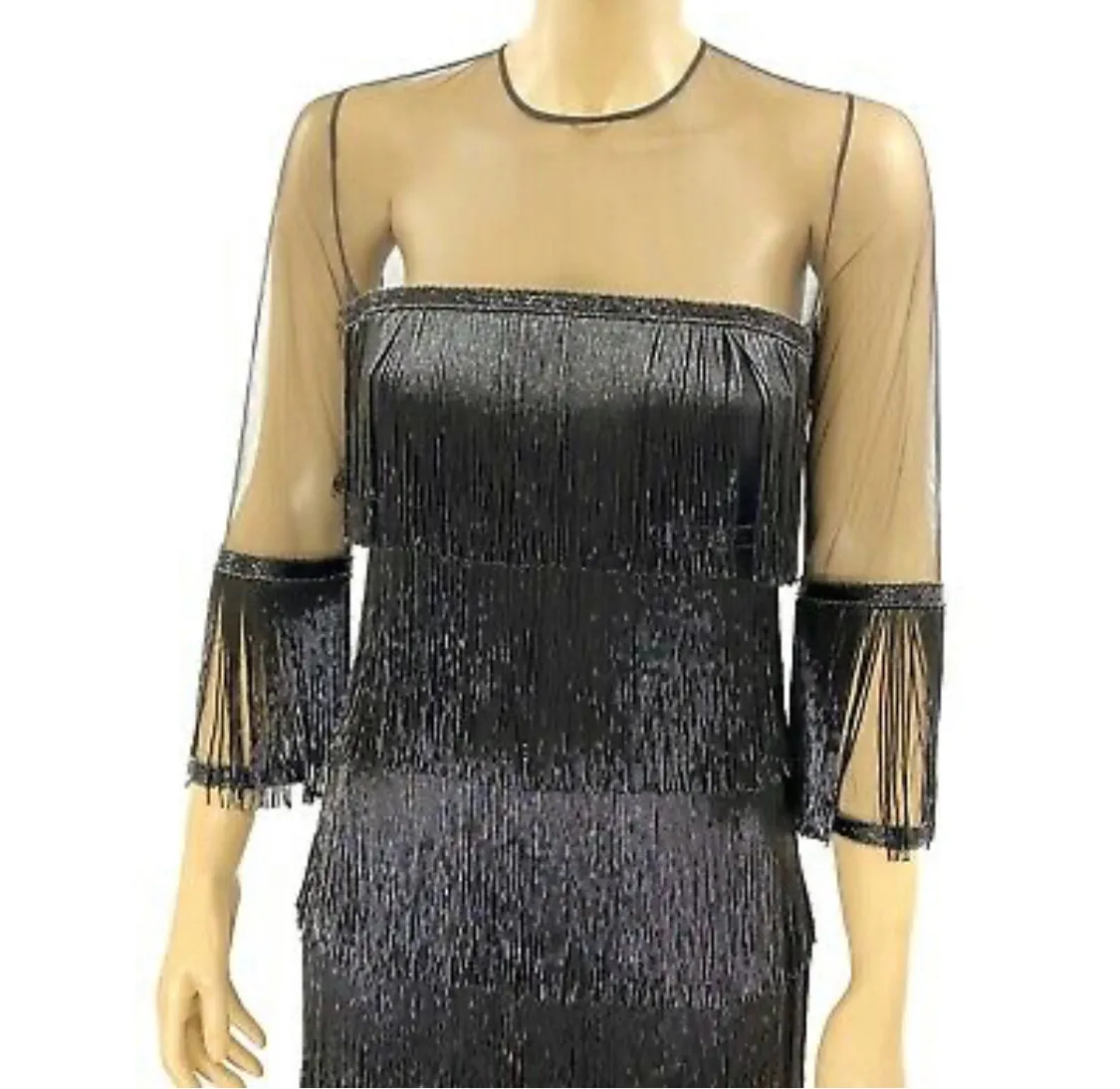 Naeem Khan Black Fringed Beaded Party Dress Size S/M