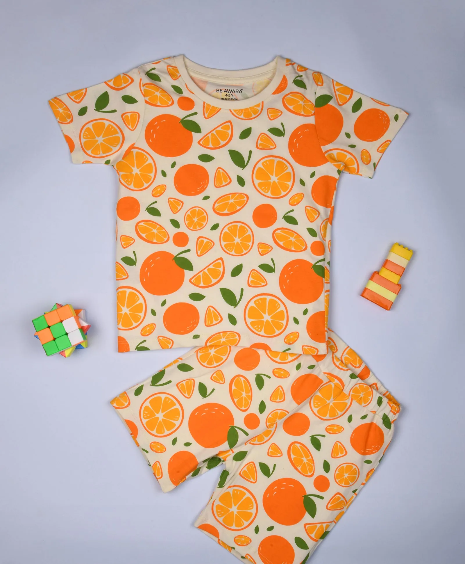 Orange Pattern Half Sleeves T-Shirt & Shorts Set