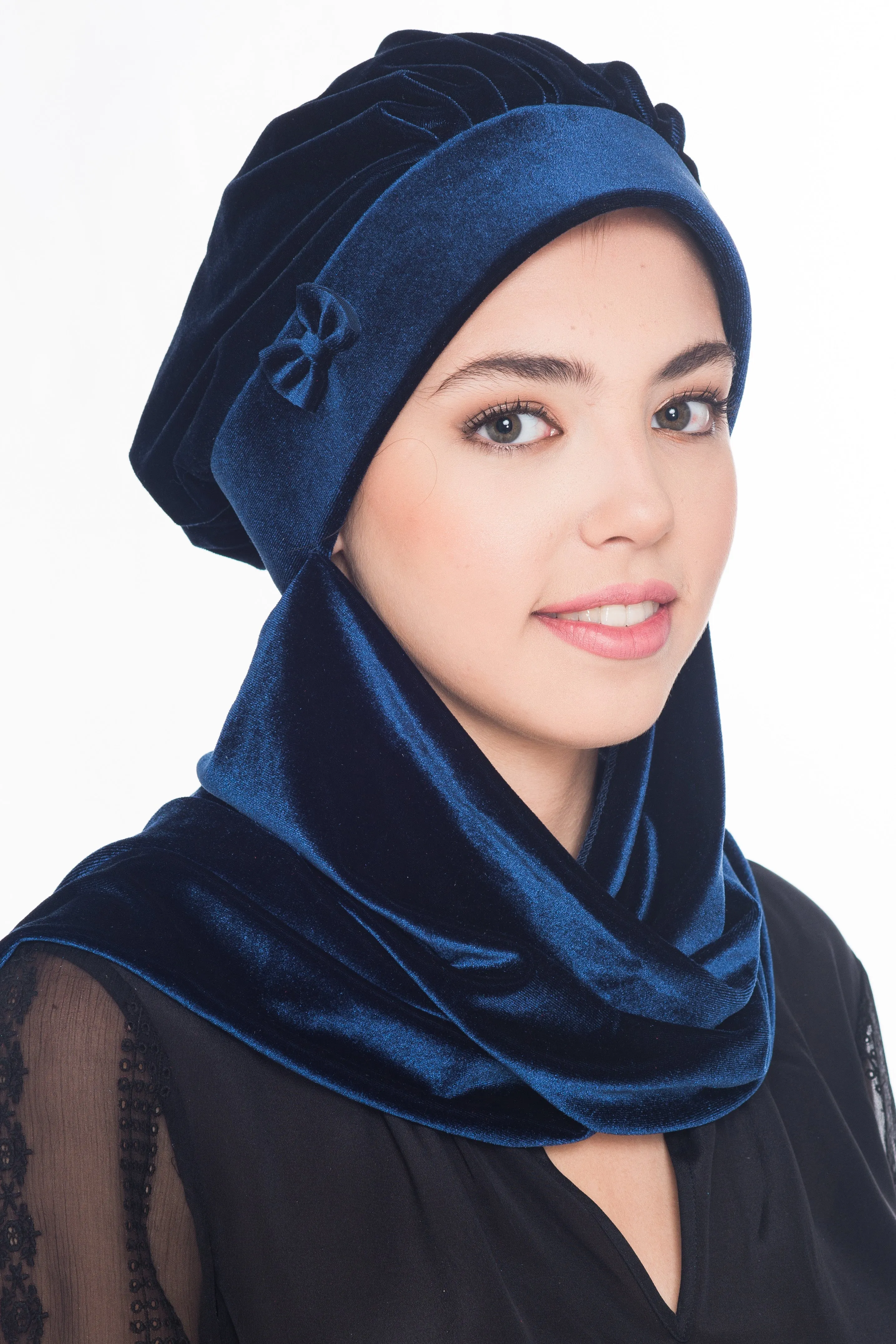 Velour Hat with Attached Scarf & Bow