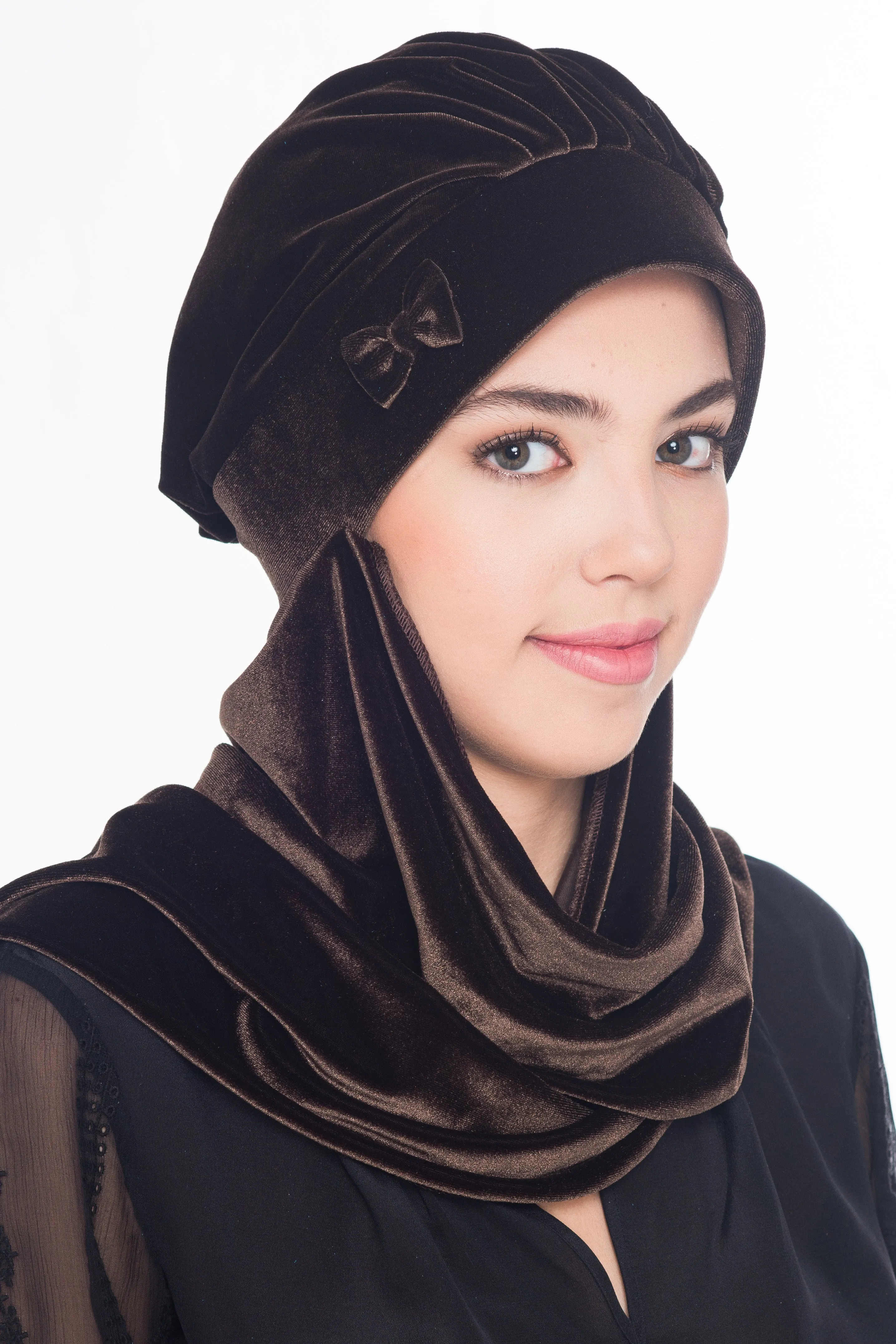 Velour Hat with Attached Scarf & Bow