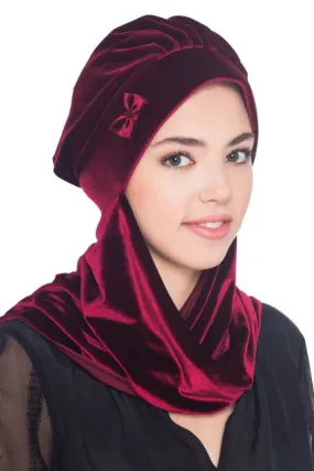 Velour Hat with Attached Scarf & Bow