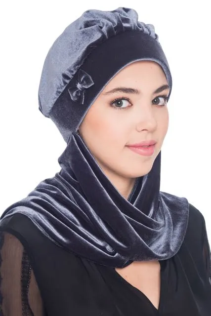 Velour Hat with Attached Scarf & Bow