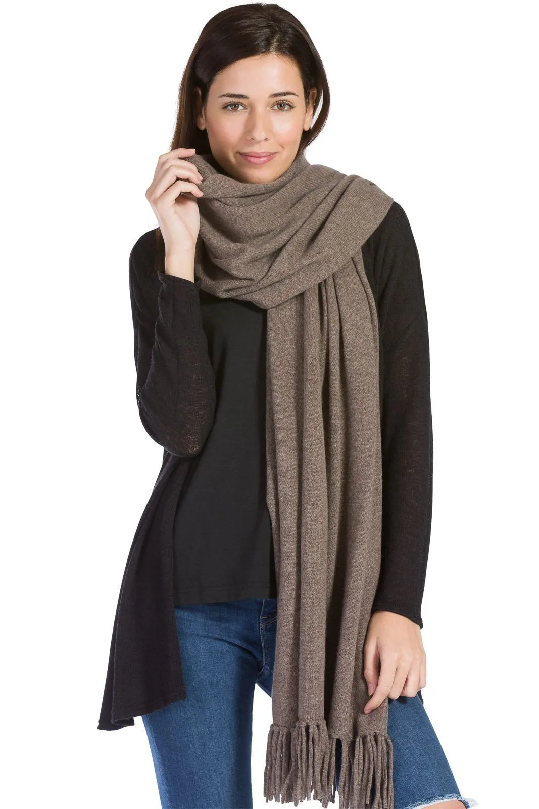 Women's 100% Pure Cashmere Knit Shawl Wrap with Fringe and Gift Box