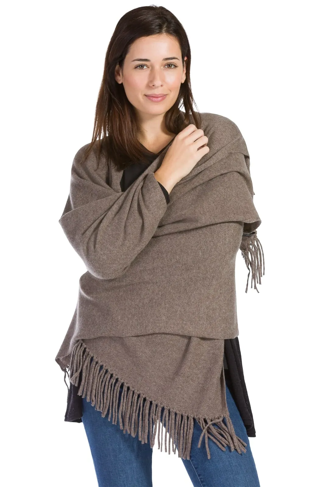 Women's 100% Pure Cashmere Knit Shawl Wrap with Fringe and Gift Box