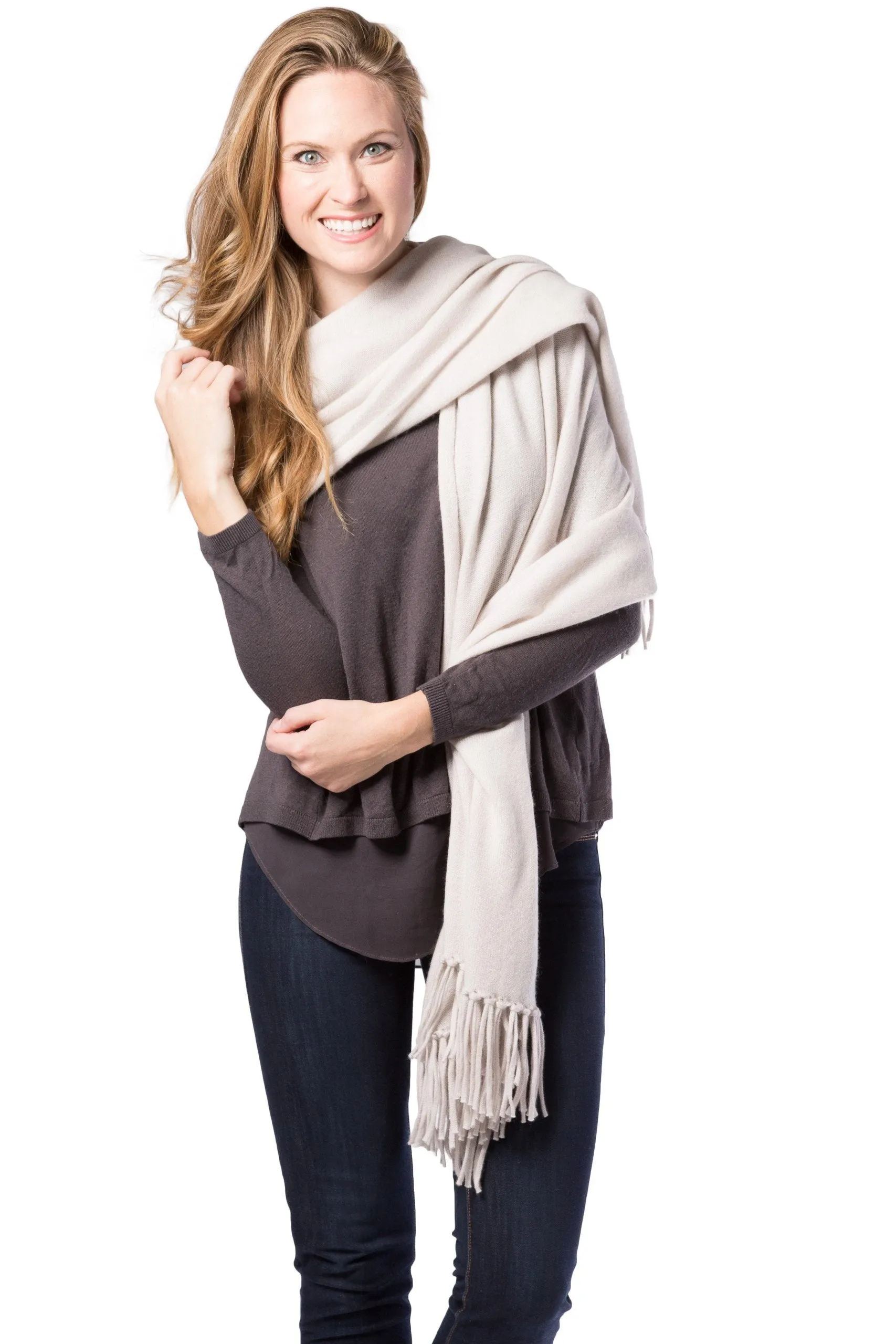 Women's 100% Pure Cashmere Knit Shawl Wrap with Fringe and Gift Box