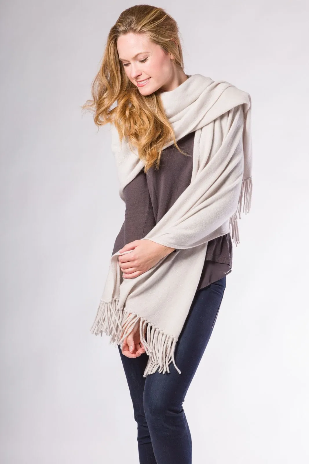 Women's 100% Pure Cashmere Knit Shawl Wrap with Fringe and Gift Box